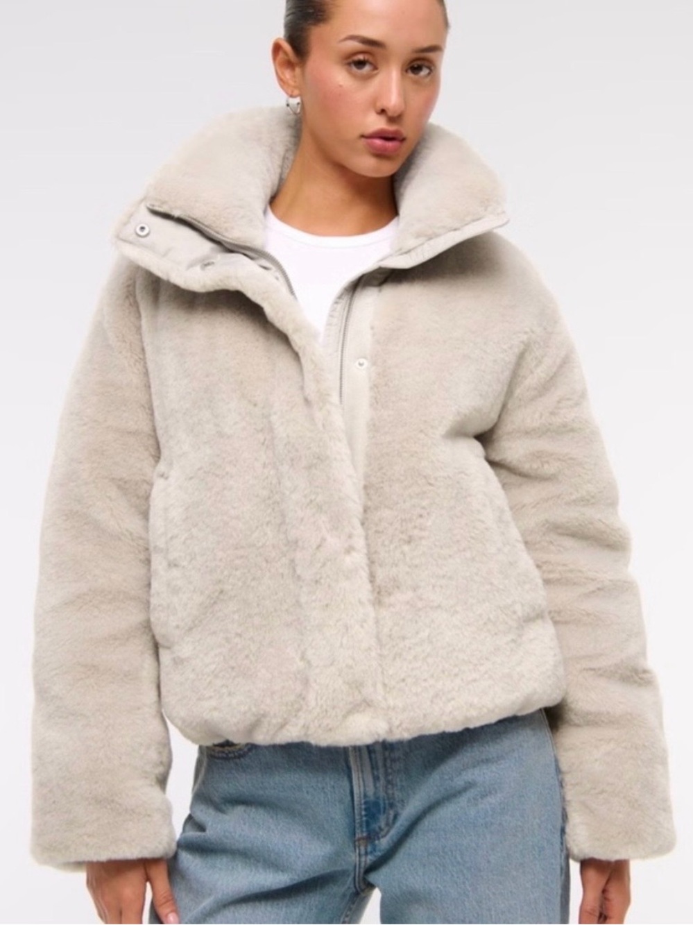 Abercrombie & Fitch Faux Fur Mini Puffer Jacker in Cream/ Light Taupe